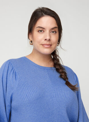 Knitted top with round neck and balloon sleeves , Ultramarine Mel., Model image number 2