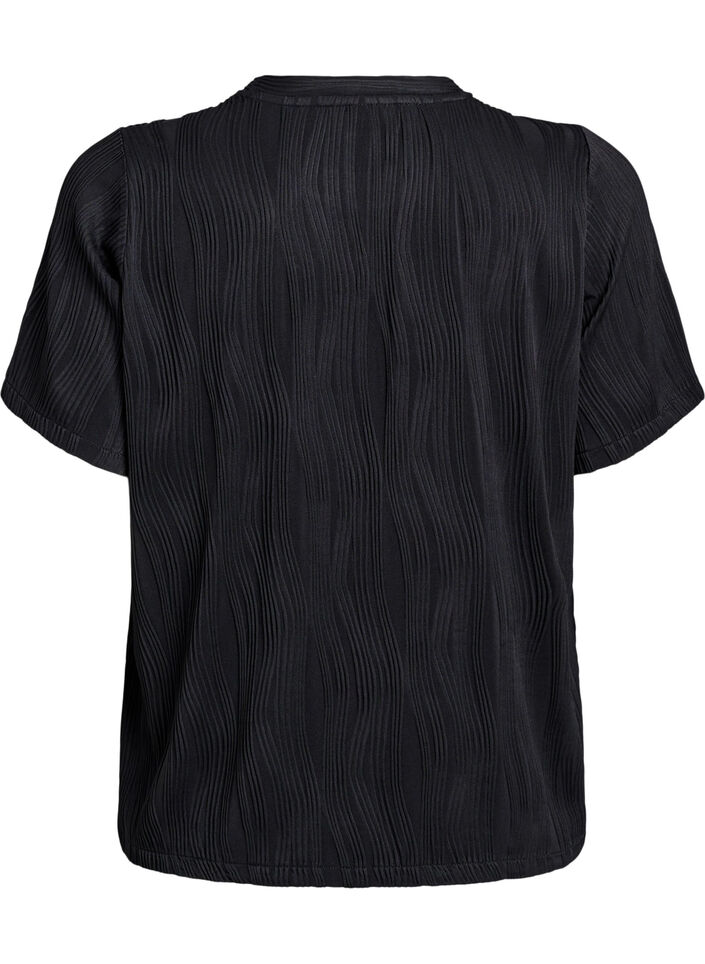 Blouse with short sleeves and a wavy texture, Black, Packshot image number 1