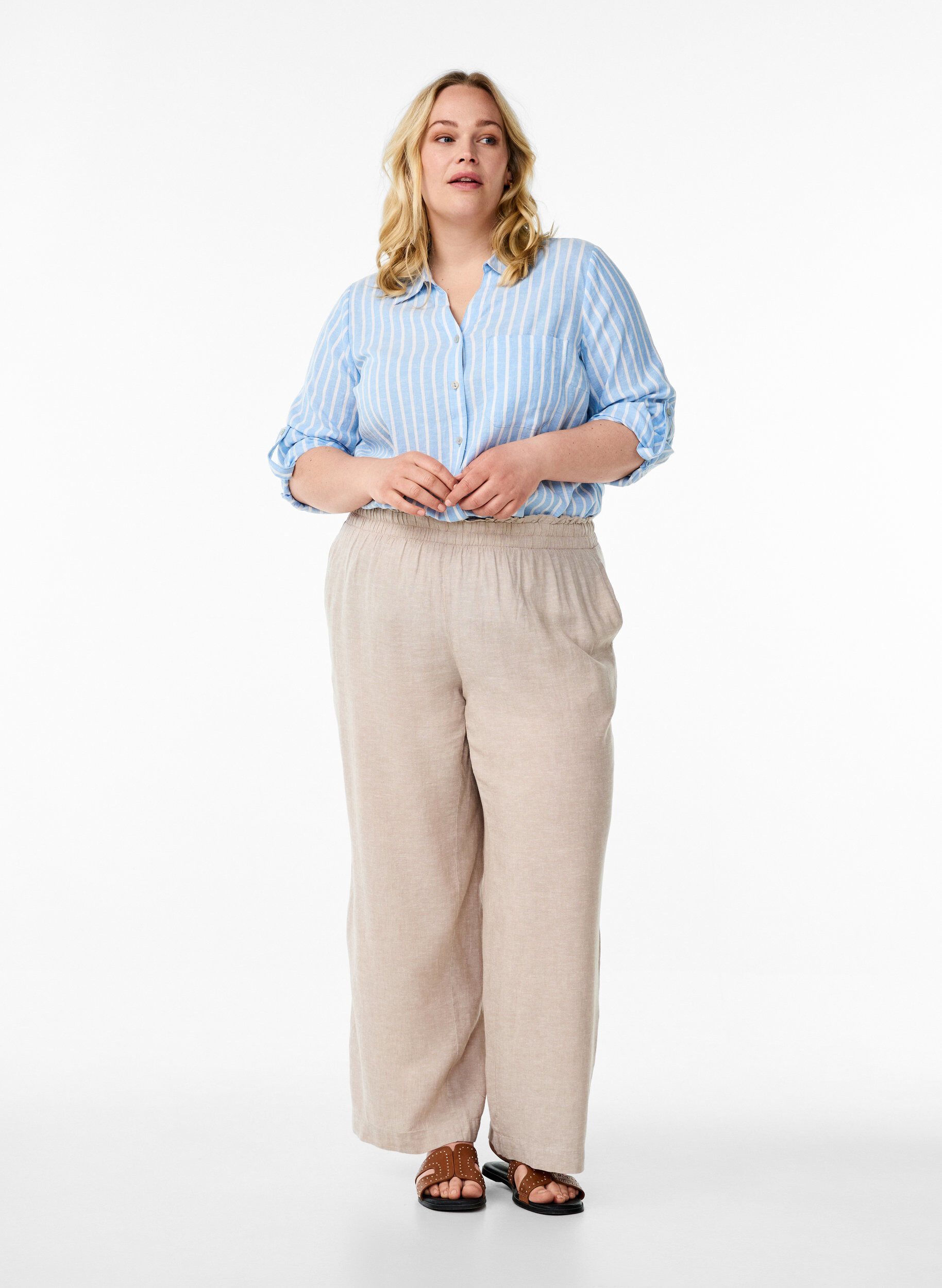 ZizzifashionShirt in linen and viscose with 3/4 sleeves, Light Blue, Model image number 1