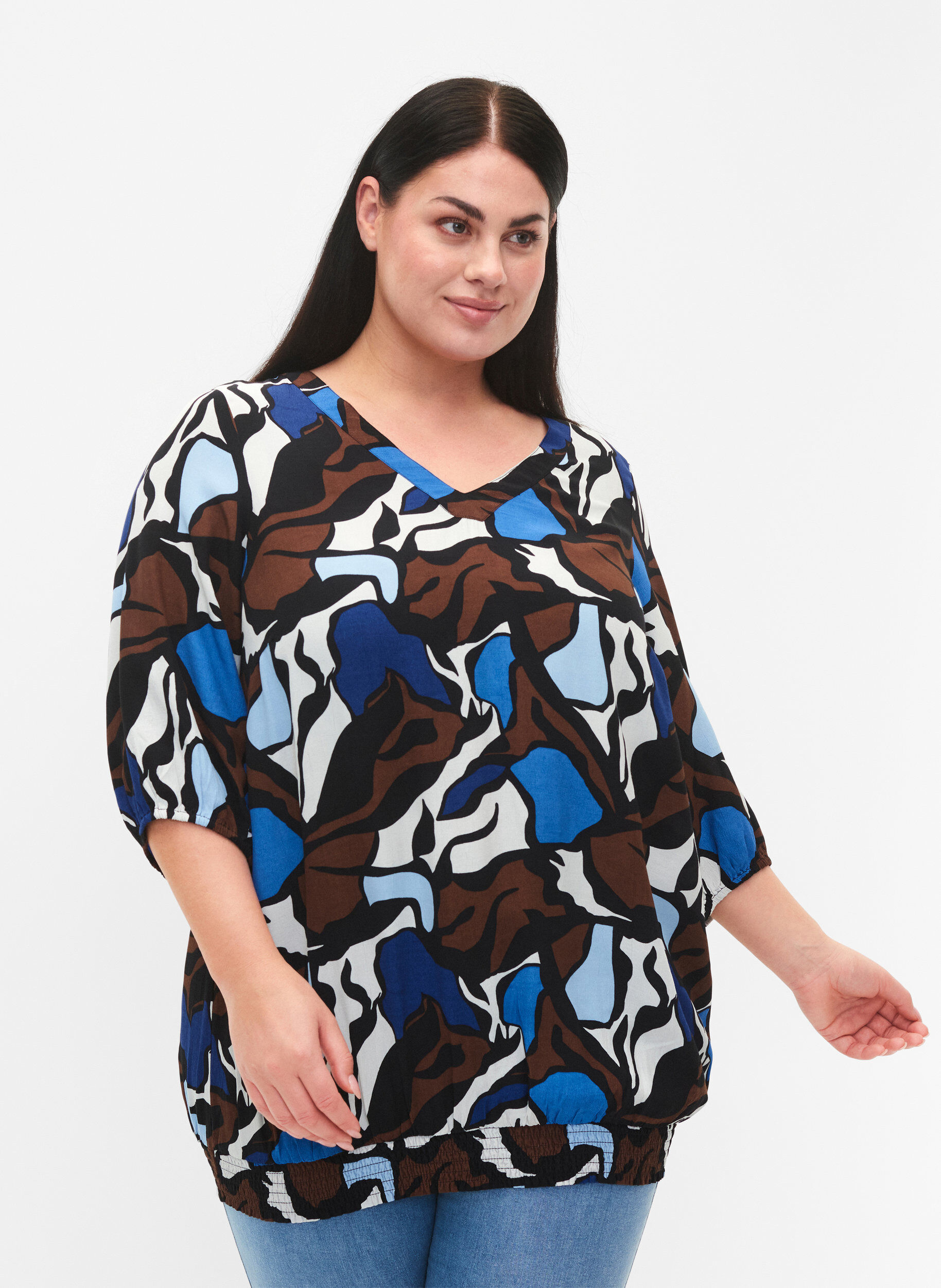 Zizzifashion Viscose blouse with print and smock, Zafia AOP, Model image number 0