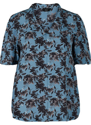 Floral viscose blouse with short sleeves and collar, Blue w. Flower AOP, Packshot image number 0