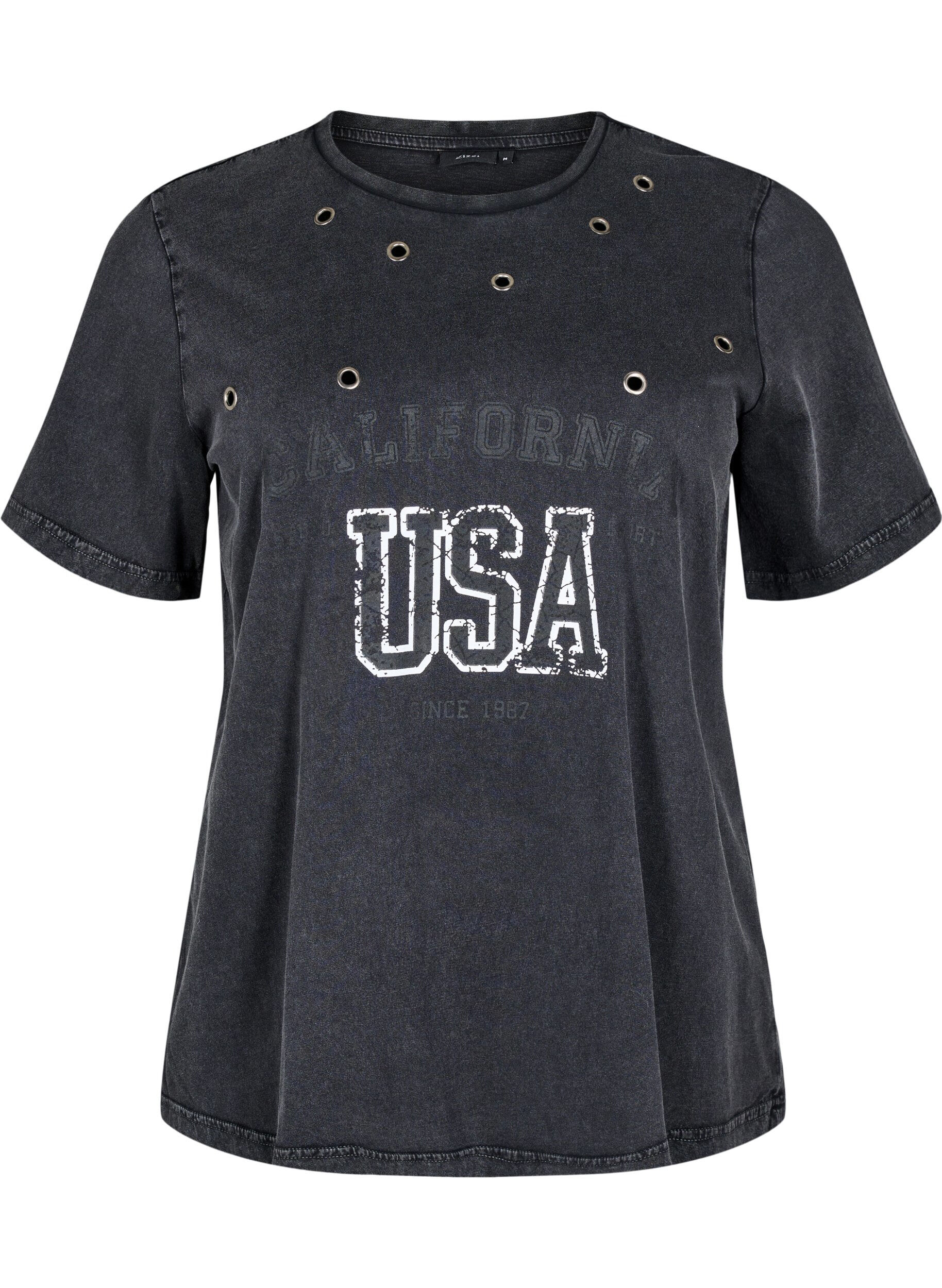 Zizzifashion T-shirt with eyelets and print, Grey Washed , Packshot image number 0