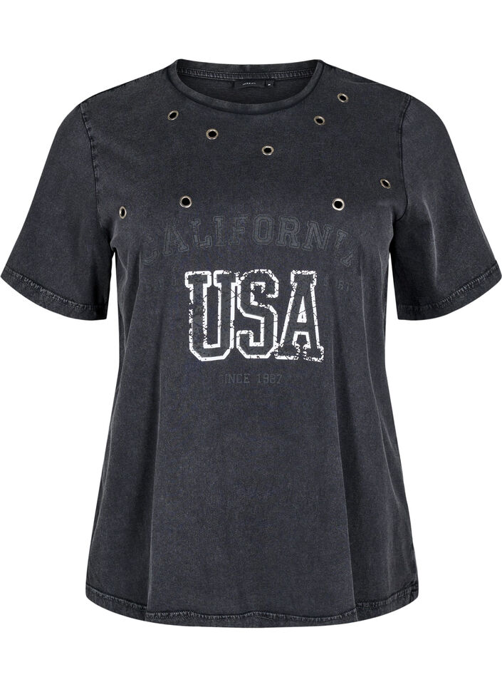 T-shirt with eyelets and print, Grey Washed , Packshot image number 0