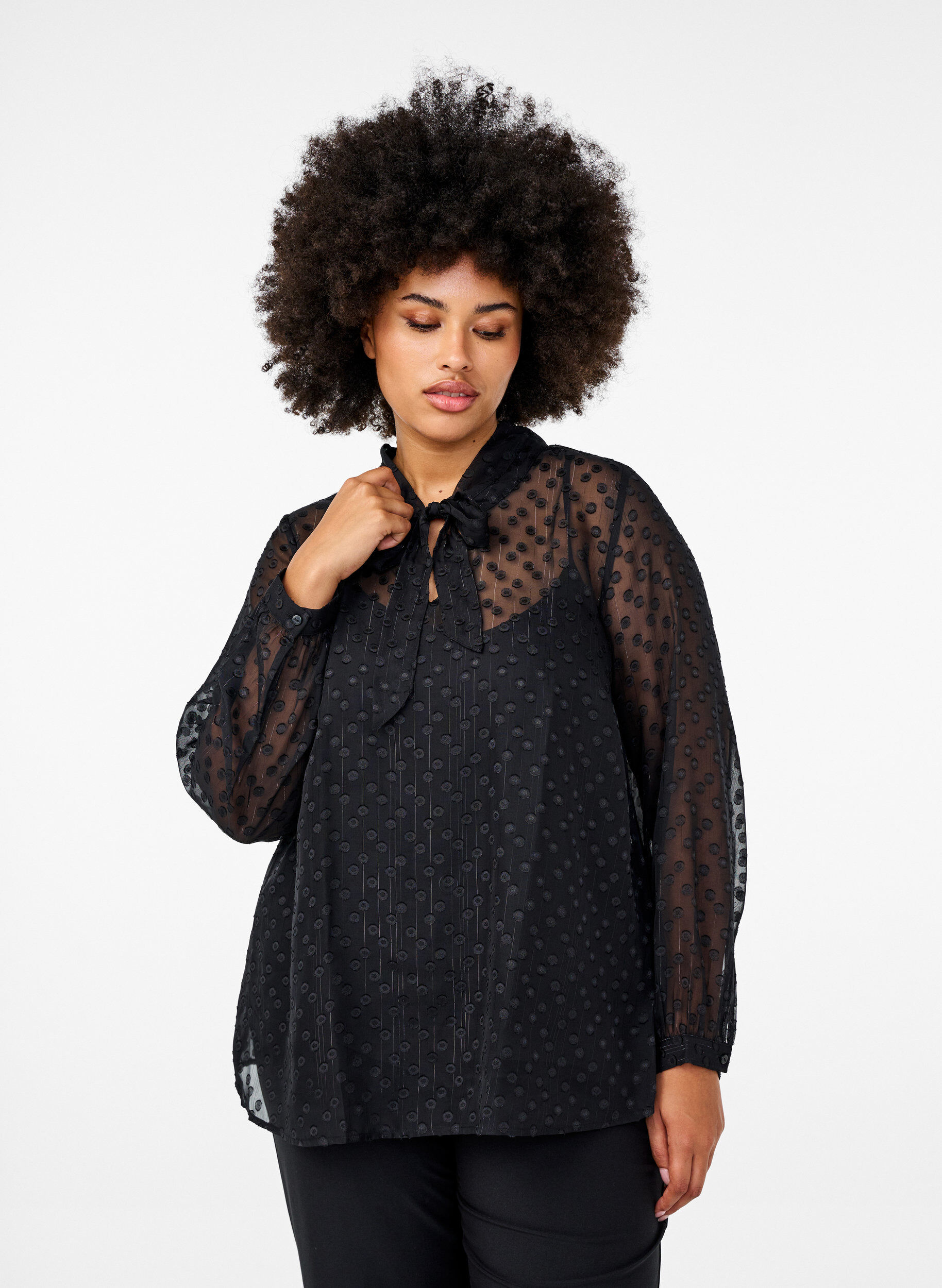 Zizzifashion Chiffon blouse with a dotted texture, Black, Model image number 0