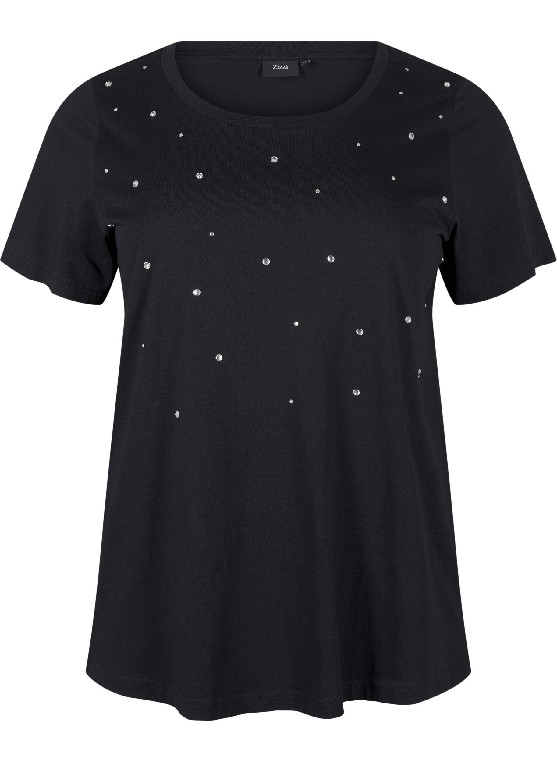 Zizzifashion Cotton T-shirt with rhinestones, Black, Packshot image number 0
