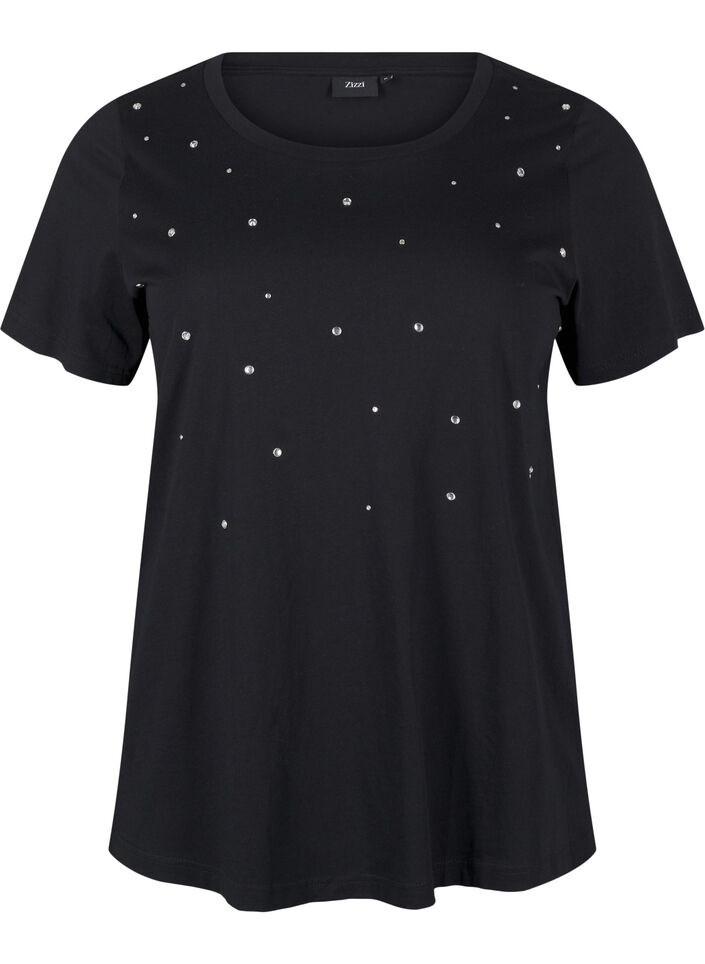 Cotton T-shirt with rhinestones, Black, Packshot image number 0