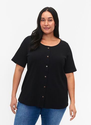 Short-sleeved ribbed t-shirt with buttons, Black, Model image number 0