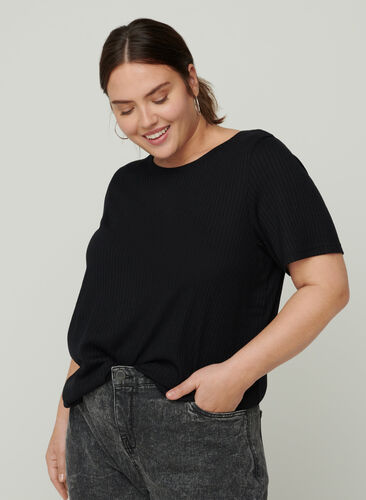 Plain ribbed t-shirt with short sleeves, Black, Model image number 0