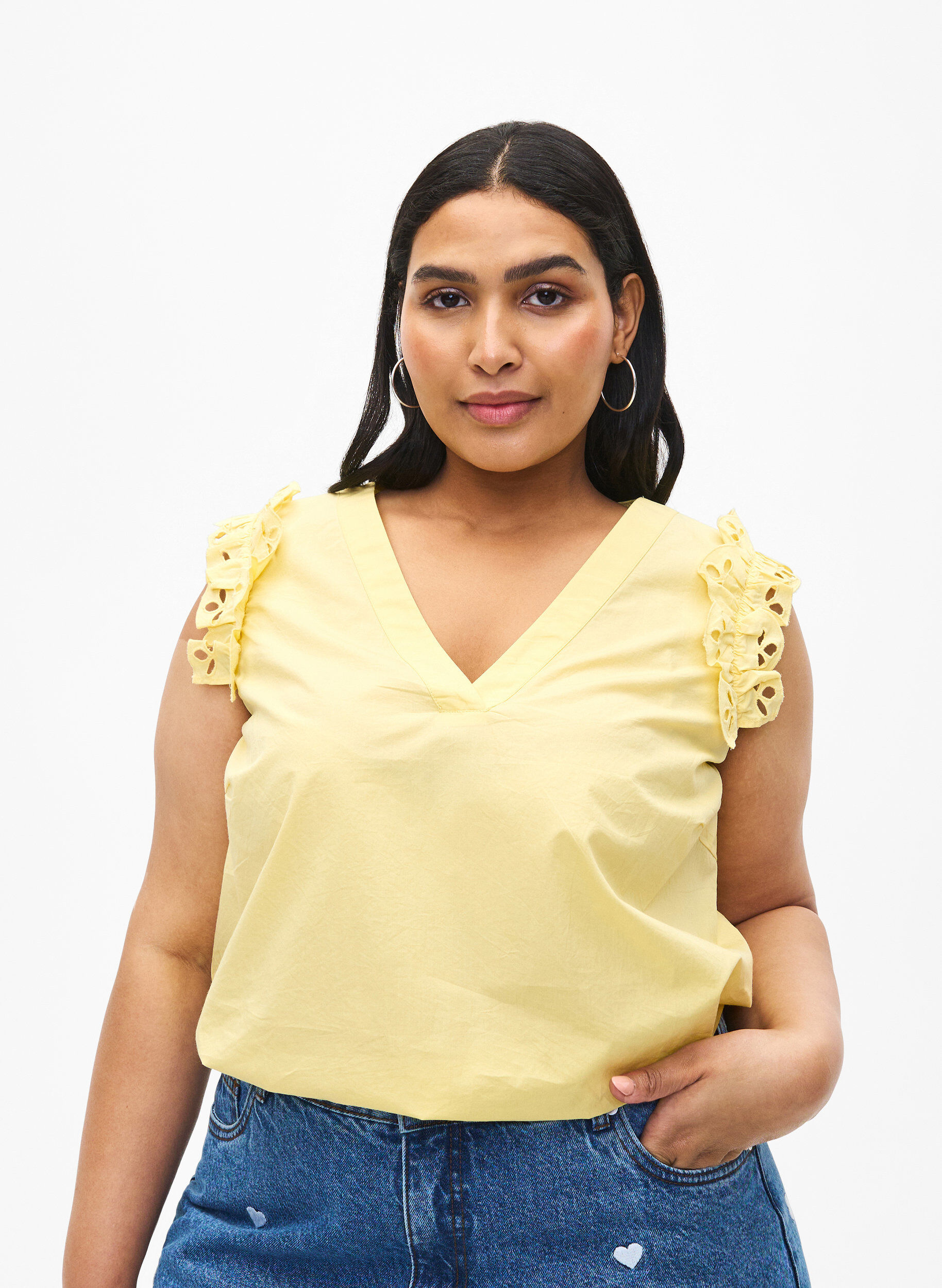 Zizzifashion Sleeveless cotton top with ruffles, Yellow, Model image number 0