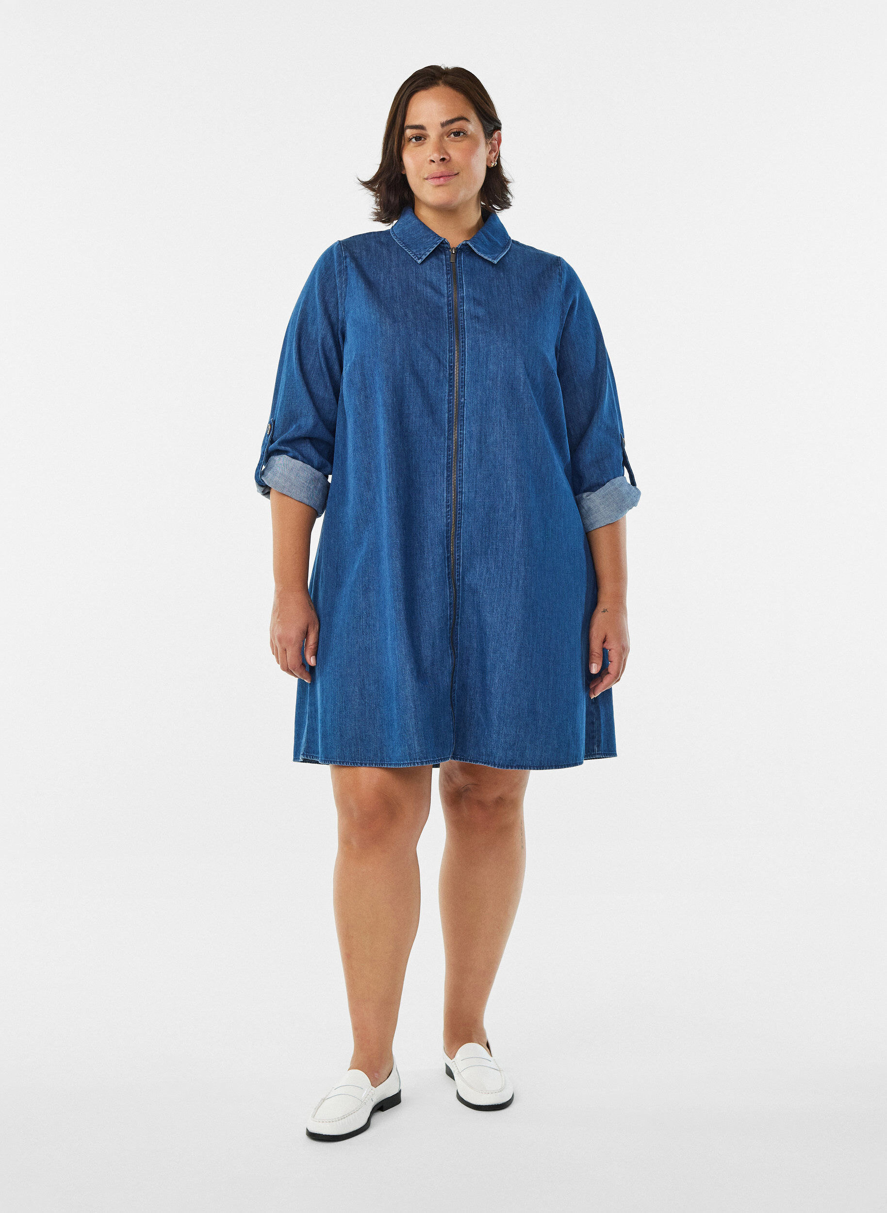 Zizzifashion Short denim dress with zip, Blue, Model image number 1