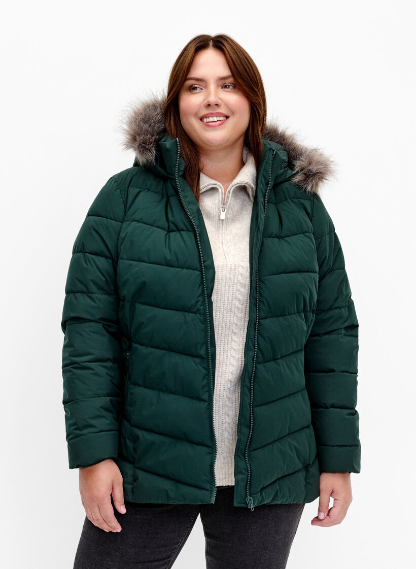 Short puffer jacket with hood, Green, Model image number 0