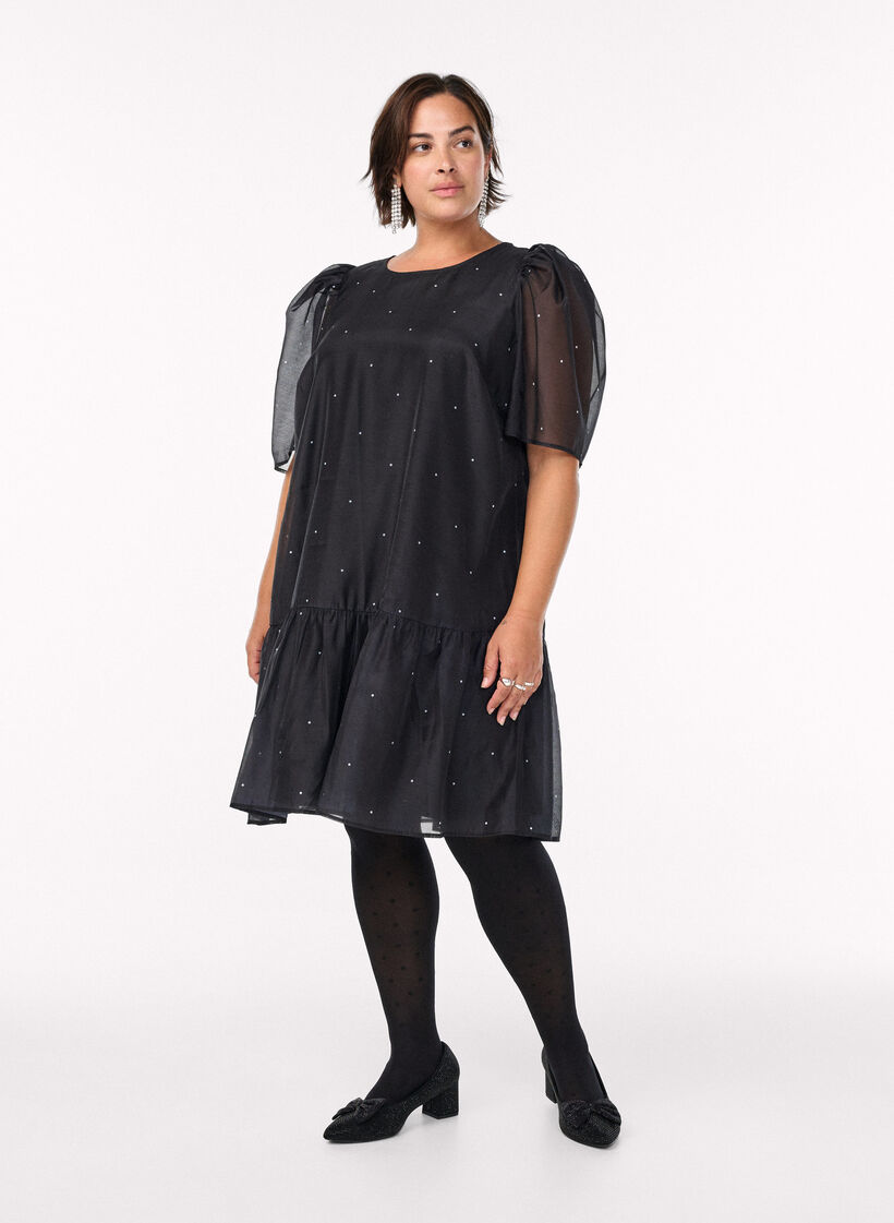 Knee-length party dress with sheer sleeves, Black, Model image number 1