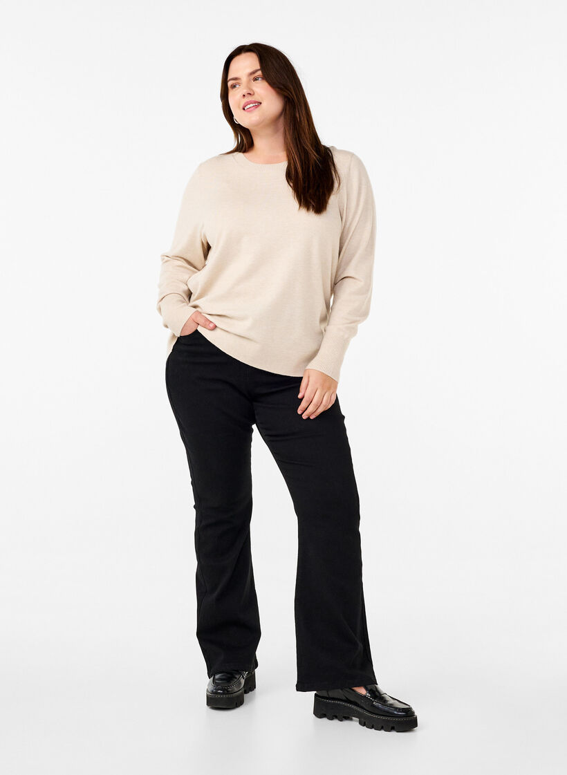 FLASH - Knitted blouse with a round neck, Beige, Model image number 1