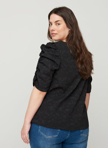 Textured puff sleeve blouse, Black, Model image number 1