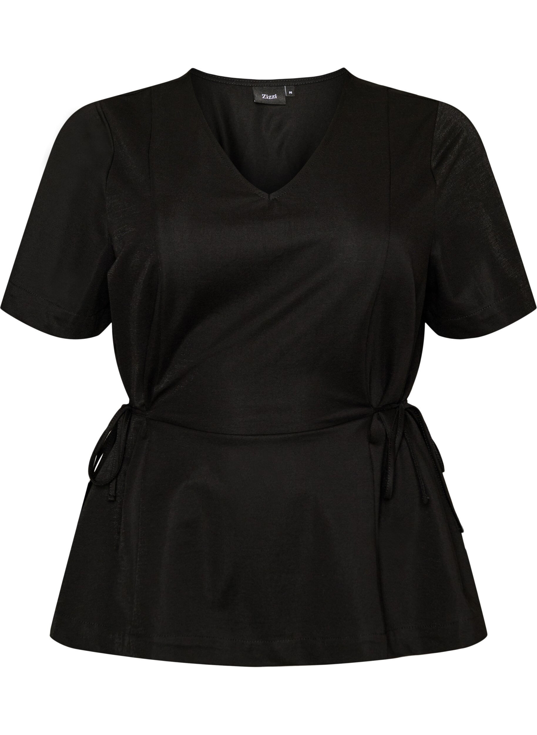 Zizzifashion Blouse in a cotton blend with a V-neck and tie-string, Black, Packshot image number 0