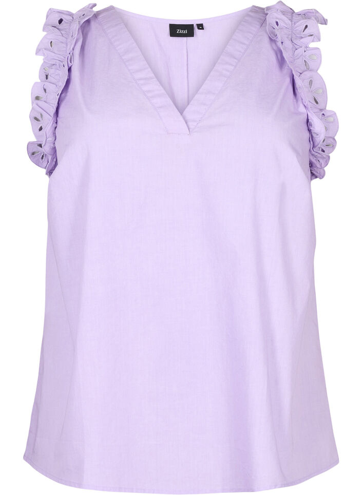 Sleeveless cotton top with ruffles, Purple, Packshot image number 0