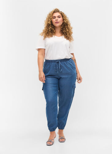 Denim cargo trousers with pockets, Medium Blue, Model image number 0