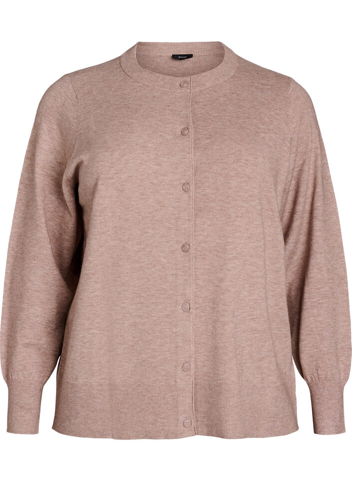 Cardigan with round neck and fabric-covered buttons, Beige, Packshot image number 0