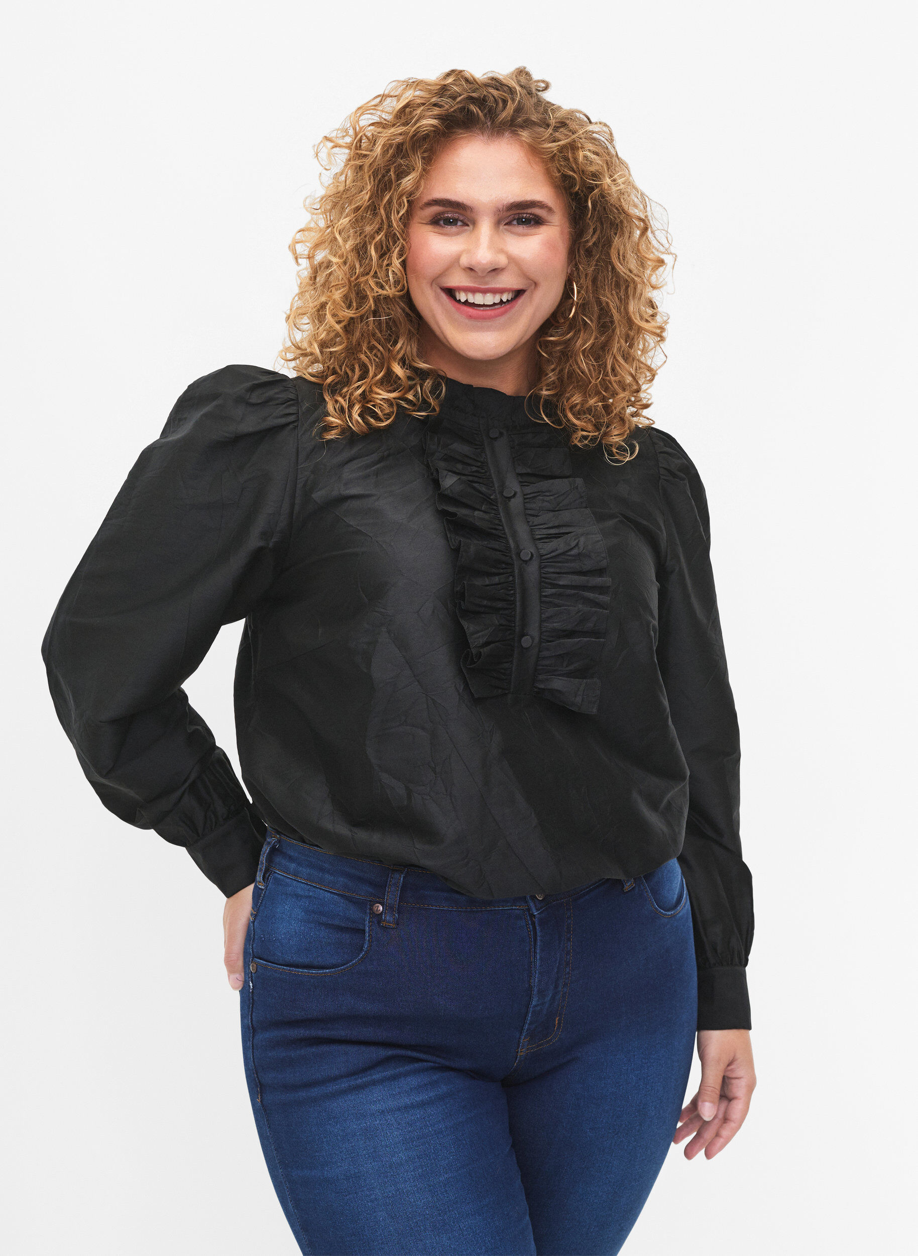 Zizzifashion Shiny shirt blouse with ruffles, Black, Model image number 0