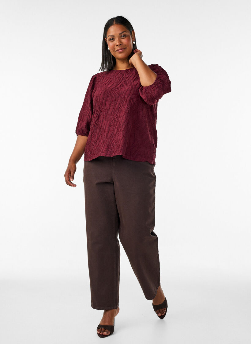 Blouse with texture and 3/4 sleeves, Red, Model image number 1