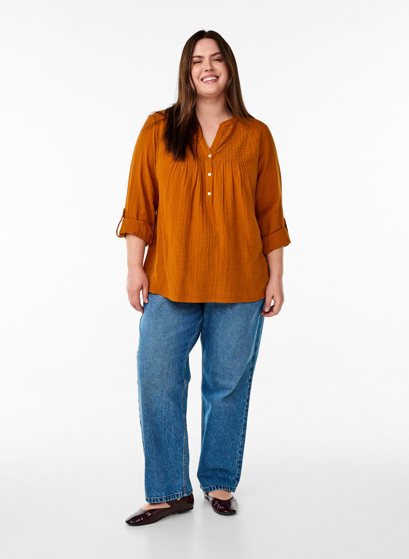 Blouse in cotton muslin with broderie anglaise, Orange, Model image number 1