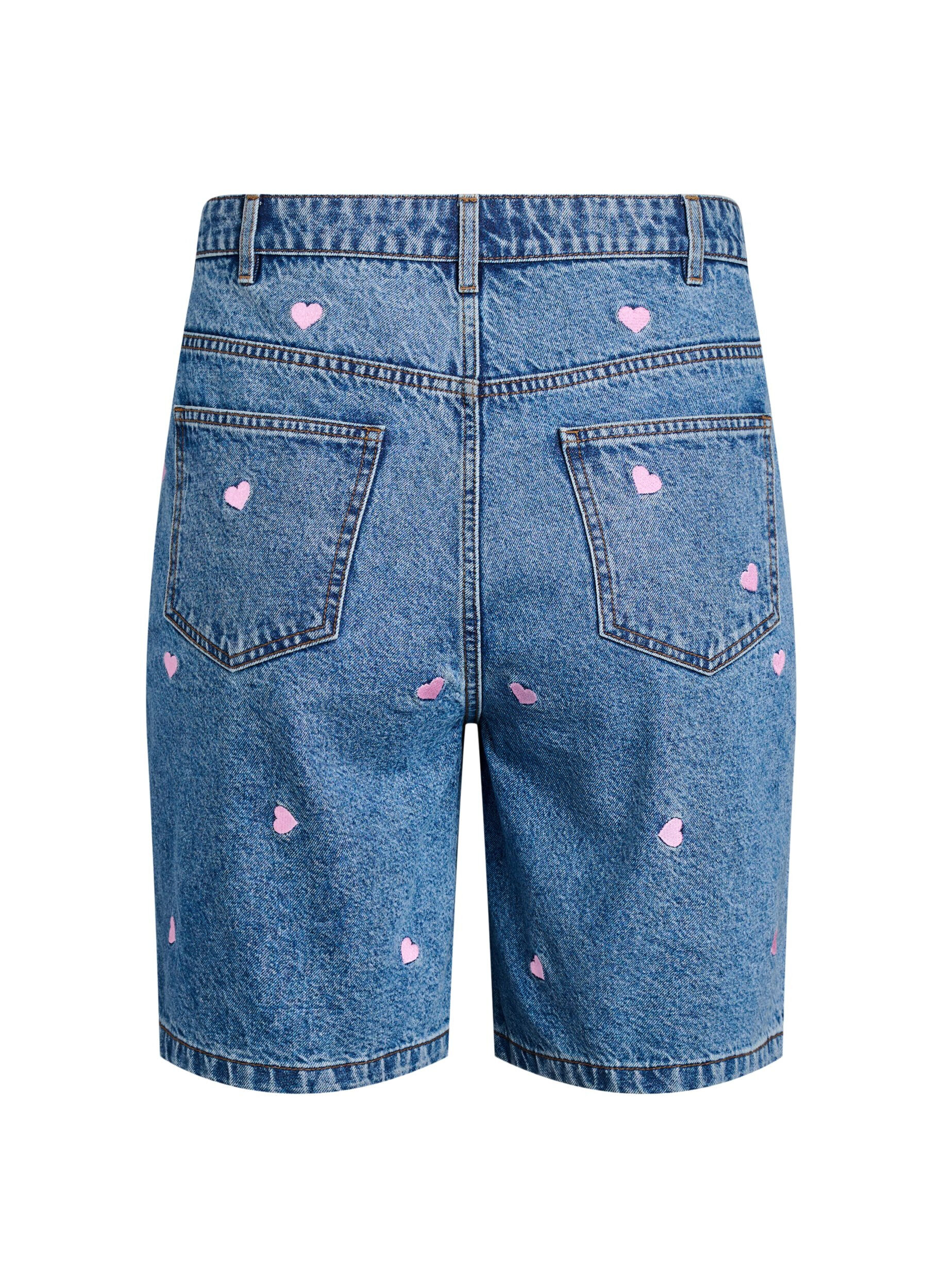 Zizzifashion High-waist denim shorts with embroidered hearts, Light Blue, Packshot image number 1