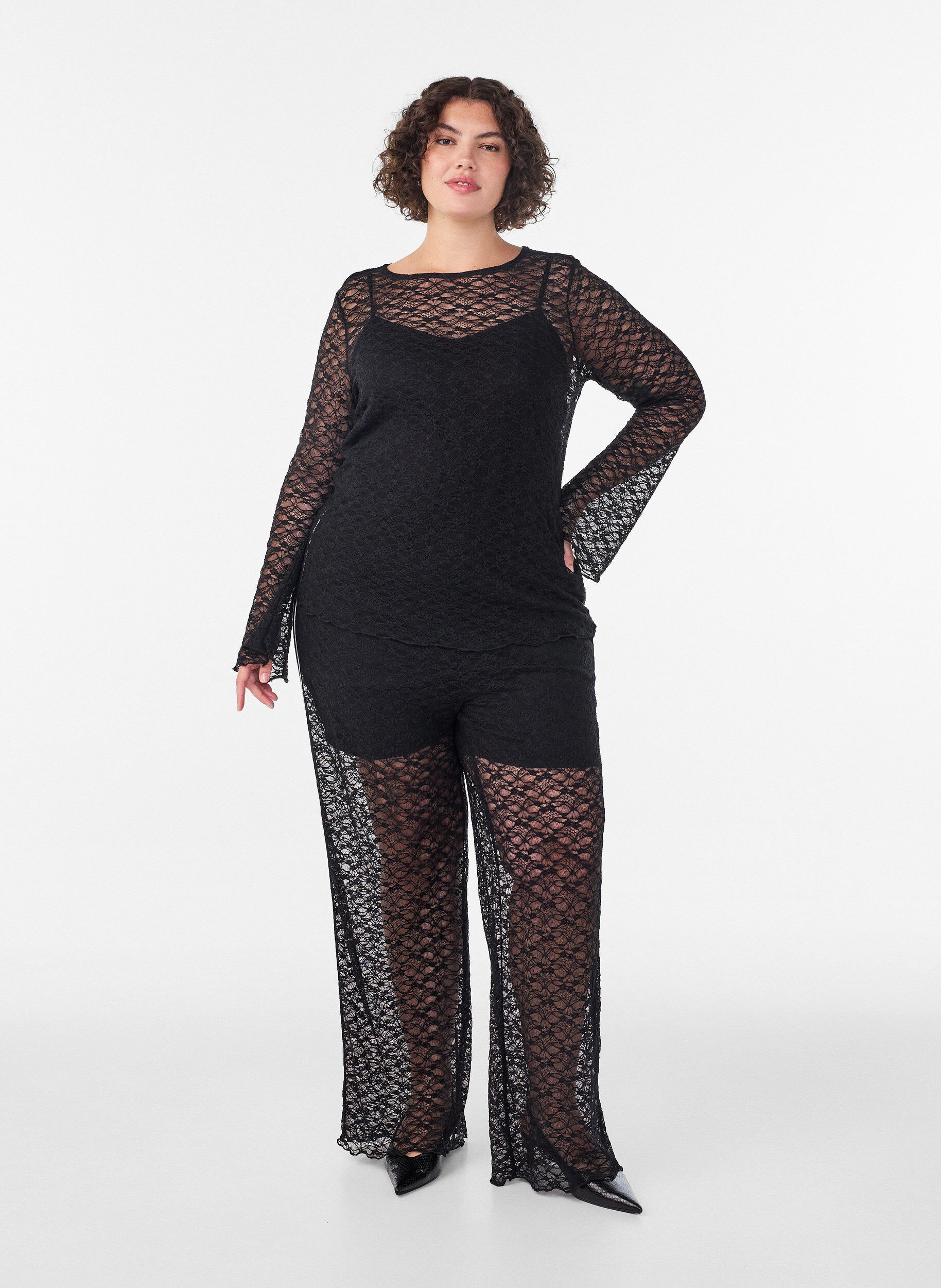 ZizzifashionSheer lace blouse with long sleeves, Black, Model image number 1