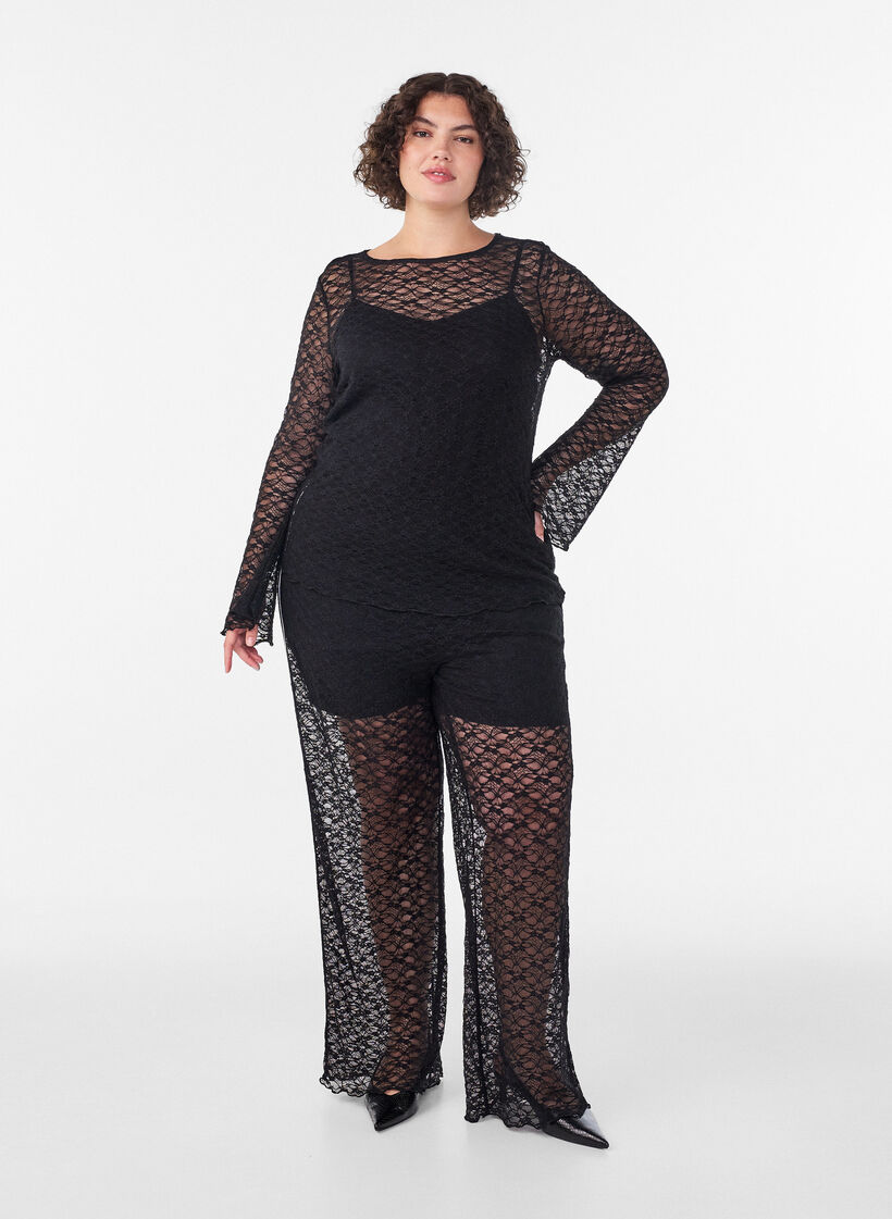 Sheer lace blouse with long sleeves, Black, Model image number 1