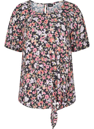 Short-sleeved viscose blouse with floral print, Flower AOP, Packshot image number 0