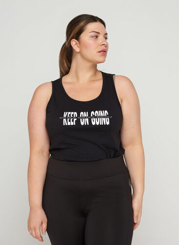 Sleeveless cotton sports top with print, Black Keep On Going, Model image number 0