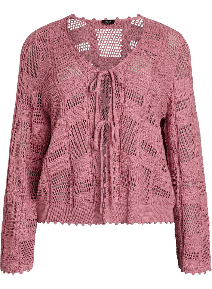 Knitted cardigan with ties and an openwork pattern, Rose, Packshot image number 0