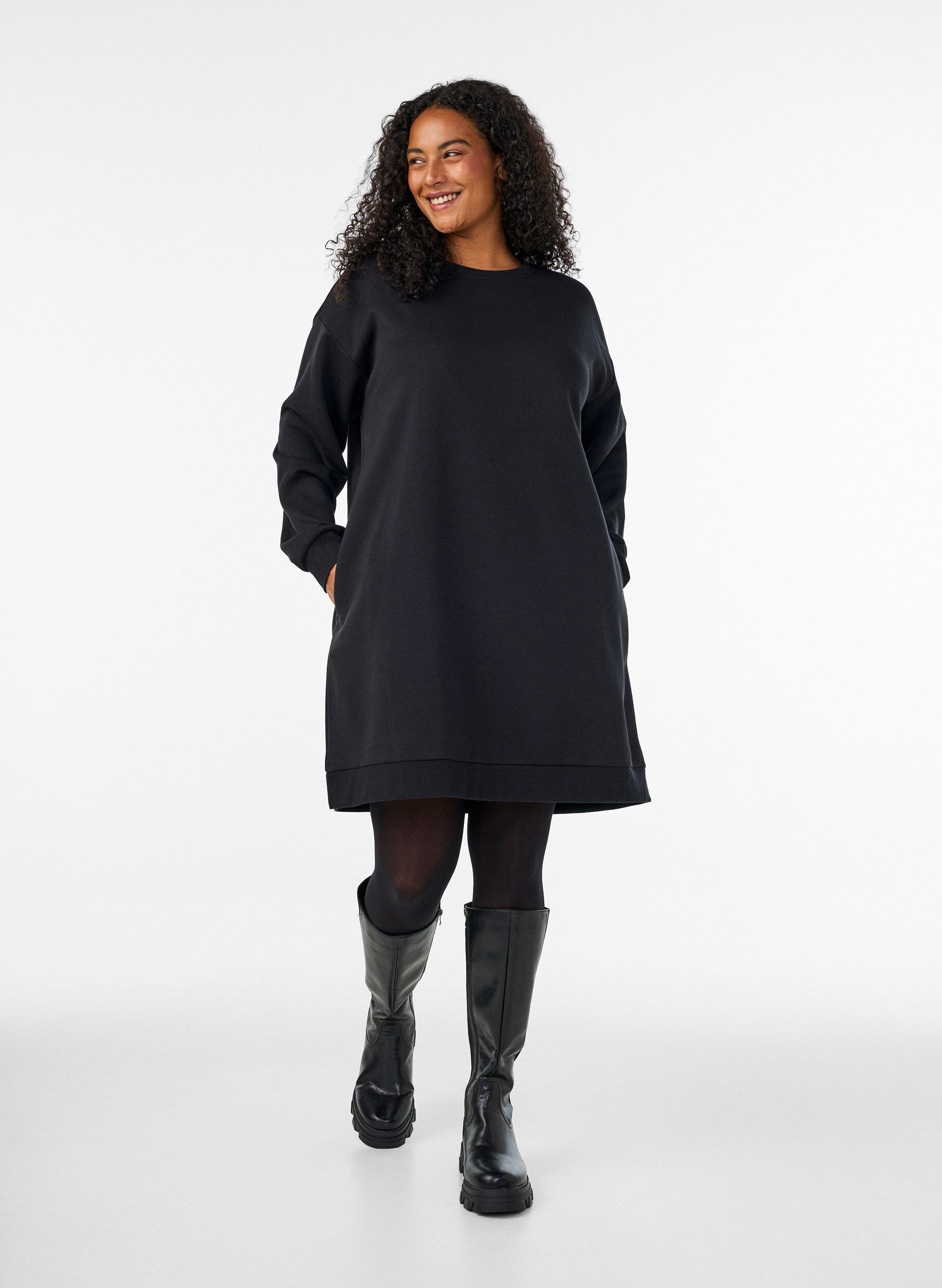 ZizzifashionLoose sweatshirt dress with pockets, Black, Model image number 1