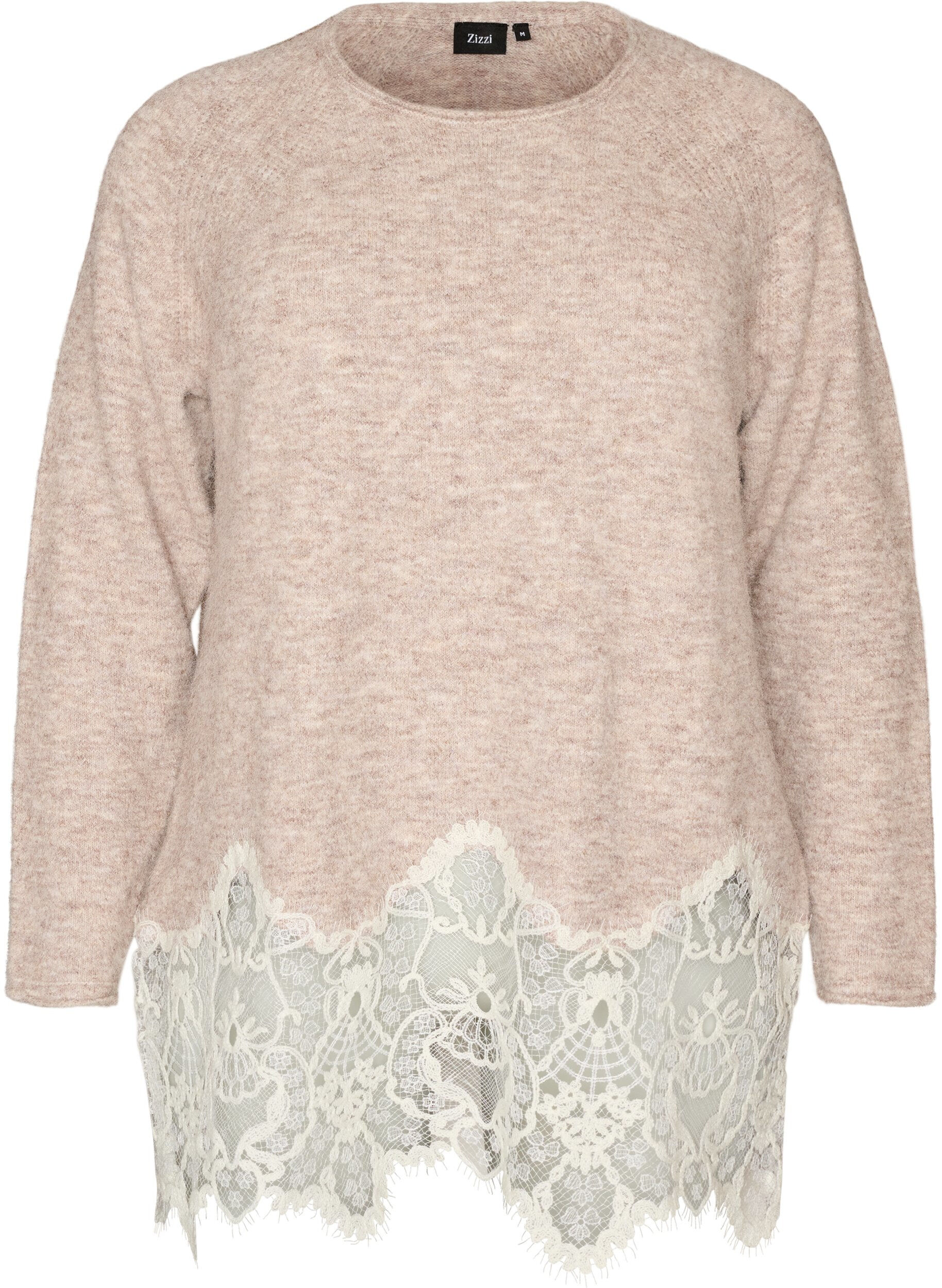 Knitted blouse with raglan sleeves and a wide lace trim