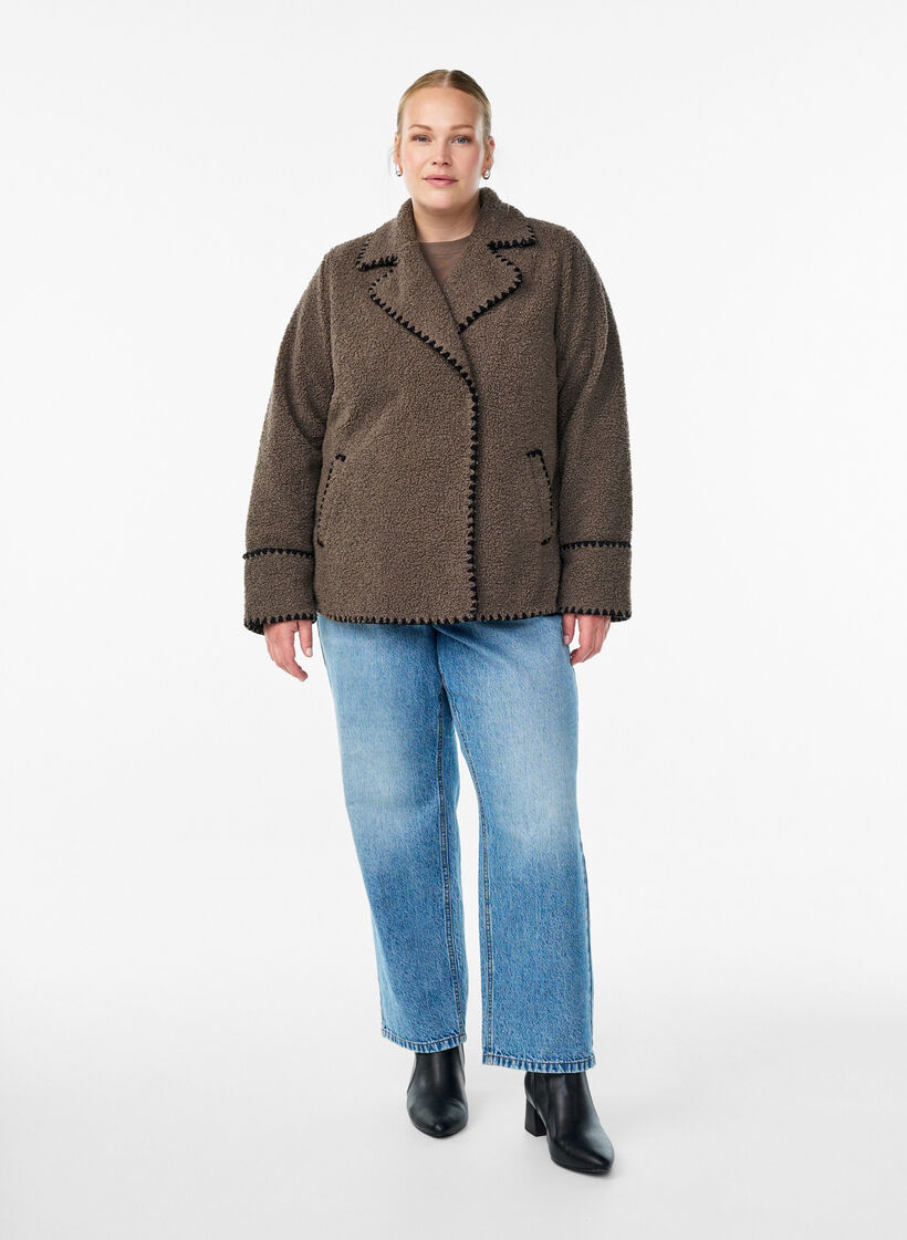 Teddy jacket with contrast details, Brown, Model image number 1
