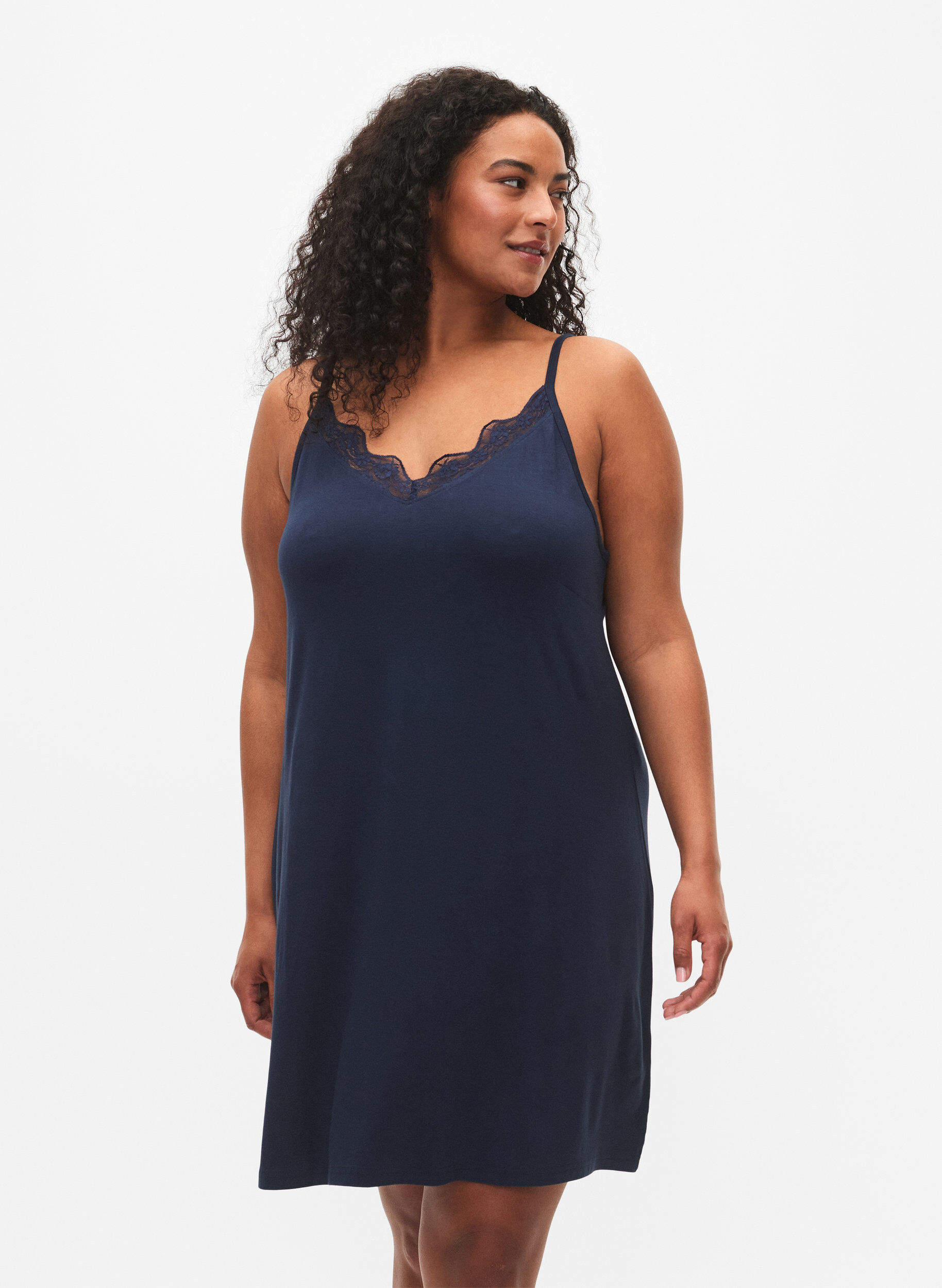 Viscose nightgown with lace trim, Blue, Model
