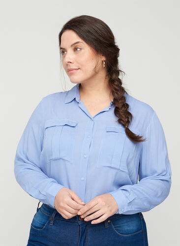 Viscose shirt with chest pockets, Blue Heron, Model image number 0