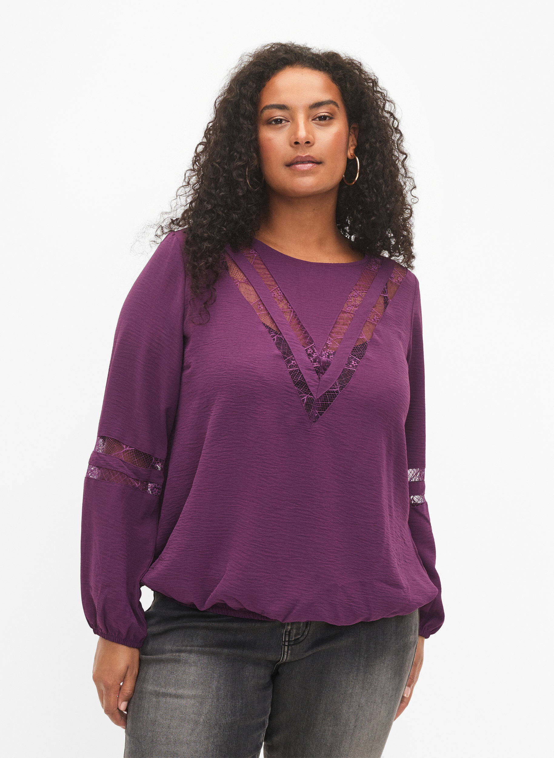 Zizzifashion Long-sleeved blouse with lace, Deep Purple, Model image number 0