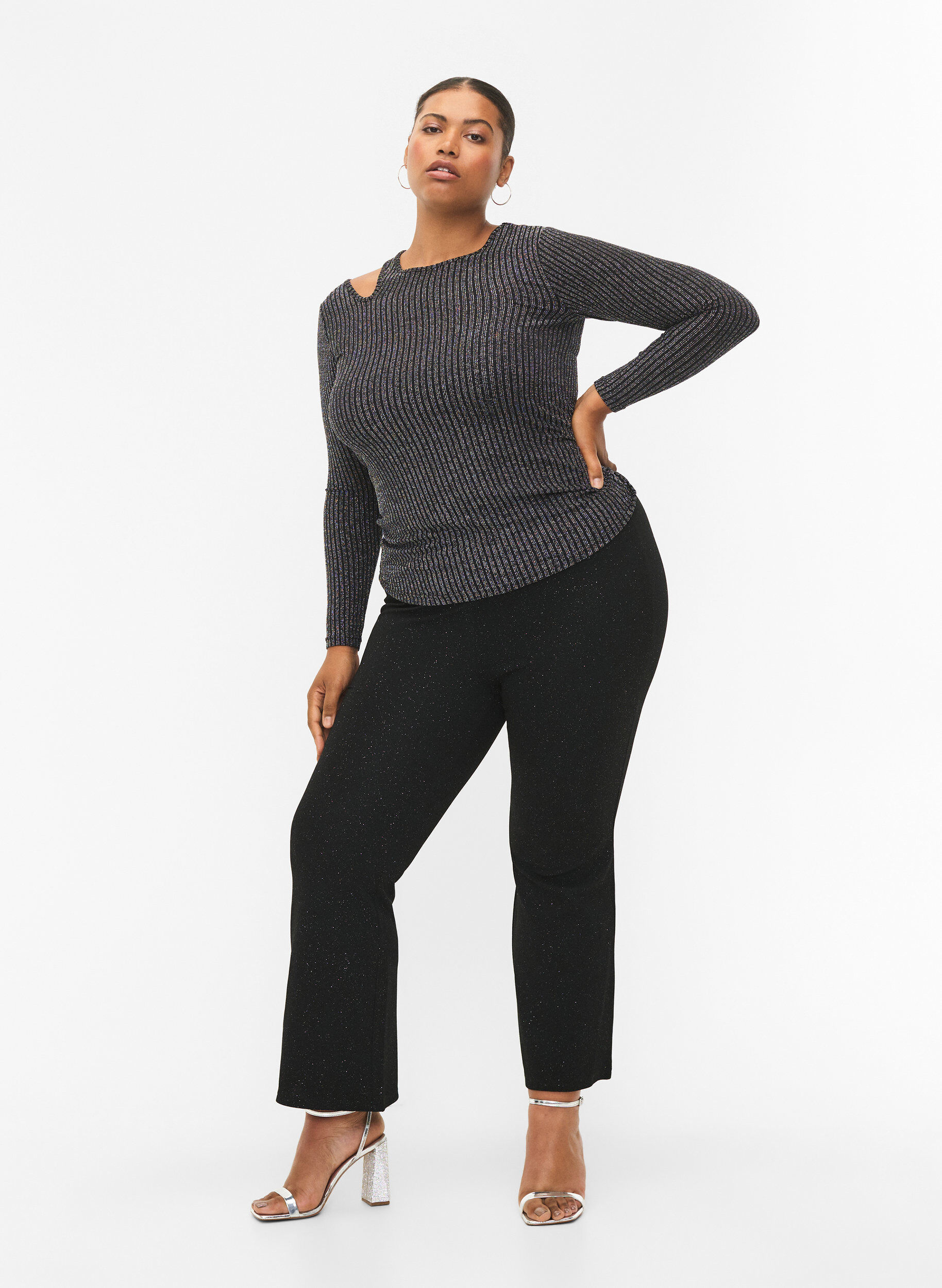 Zizzifashion Long sleeve cut-out blouse with glitter, B. w. Silver Stripes, Model image number 3