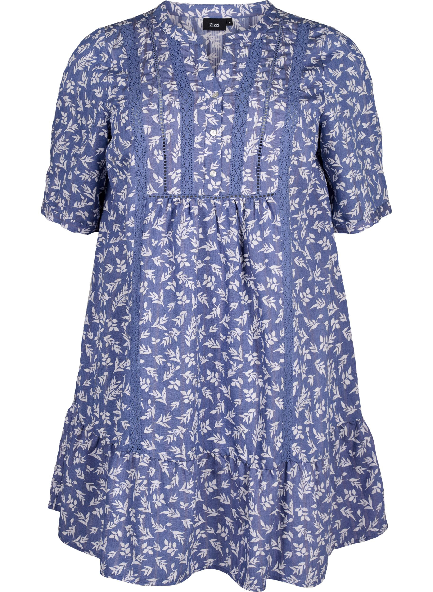 Zizzifashion Short viscose dress with lace trim and A-line cut, Blue, Packshot image number 0