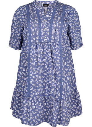 Short viscose dress with lace trim and A-line cut, M. Blue Flower AOP, Packshot image number 0
