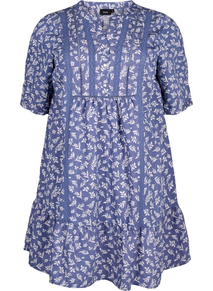 Short viscose dress with lace trim and A-line cut, Blue, Packshot image number 0