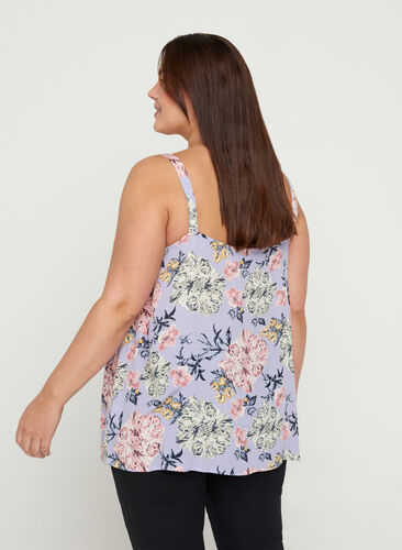 Printed viscose top with an A-line cut, Purple Dahlia Flower, Model image number 1