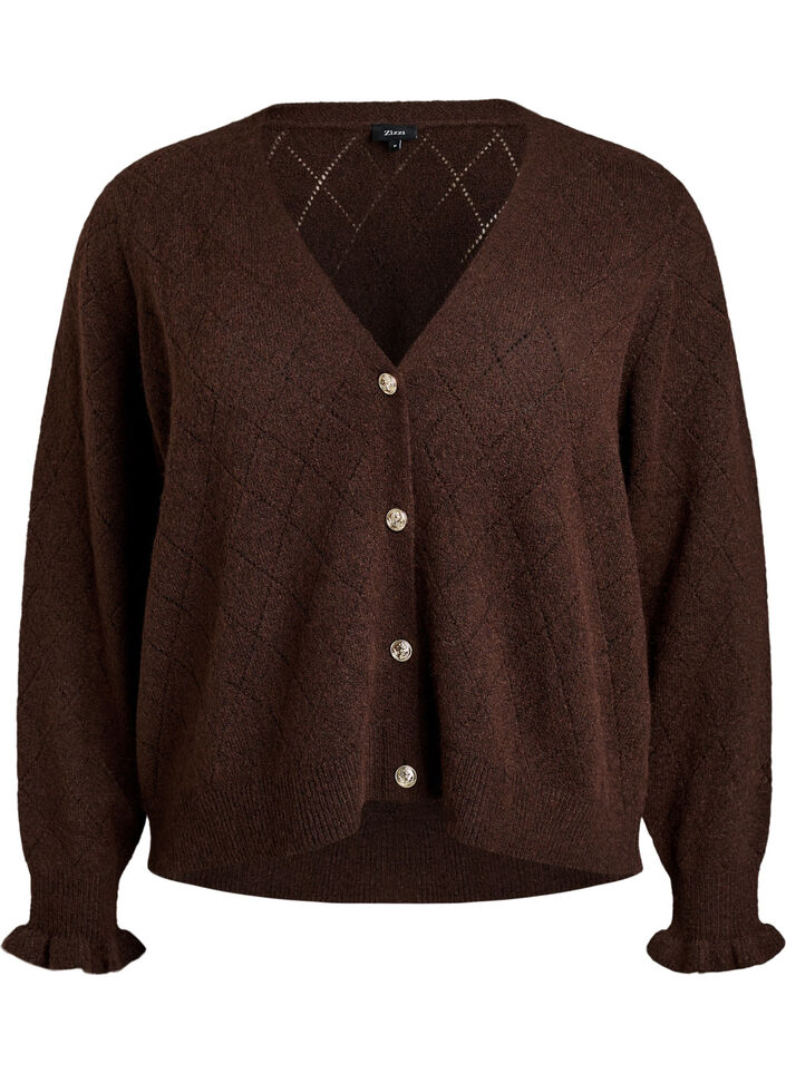 Cardigan with harlequin pattern and V-neck, Brown, Packshot image number 0