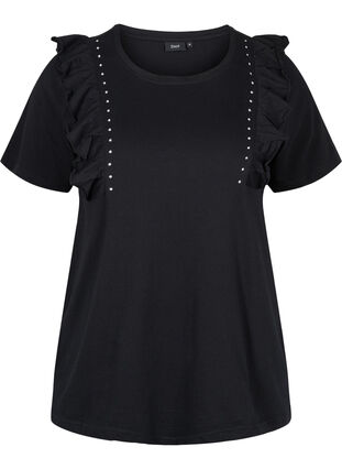 Cotton t-shirt with frills and rivets, Black, Packshot image number 0
