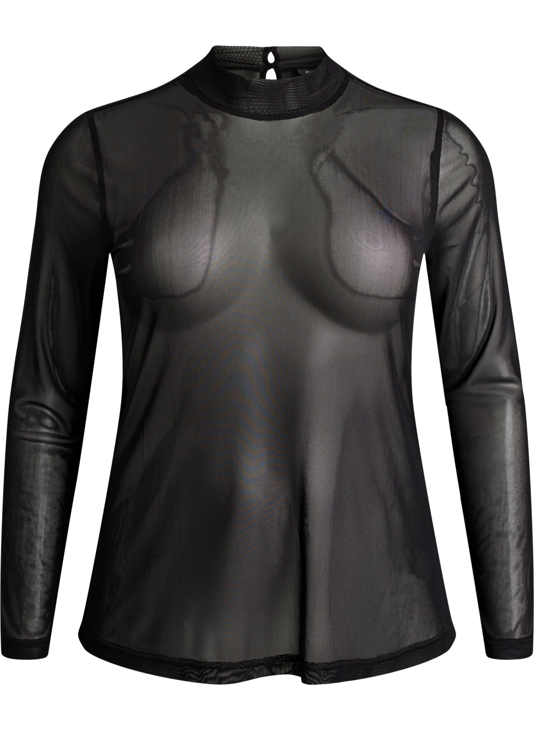 Zizzifashion Fitted mesh blouse with long sleeves, Black, Packshot image number 0