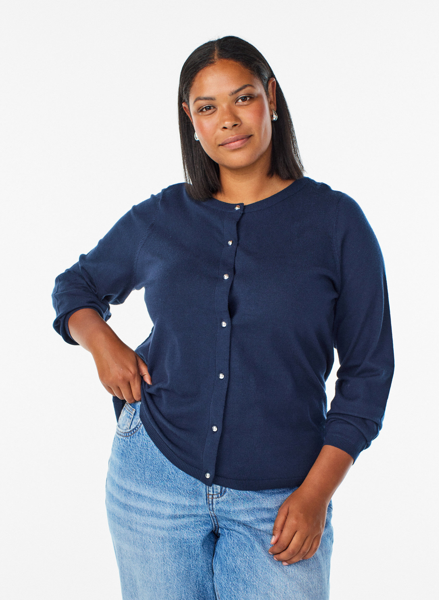 ZizzifashionCardigan with round buttons, Blue, Model image number 0
