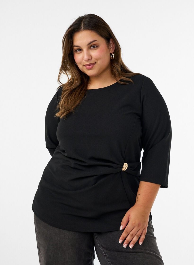 Blouse with asymmetric draping and 3/4 sleeves, Black, Model image number 0