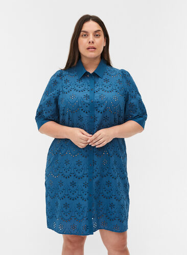 Shirt dress in cotton with broderie anglaise and puff sleeves, Midnight, Model image number 0