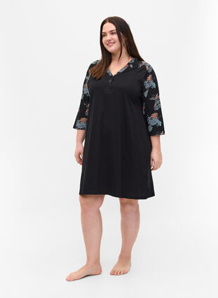 cotton night dress with printed detail, Black Flower AOP, Model image number 2