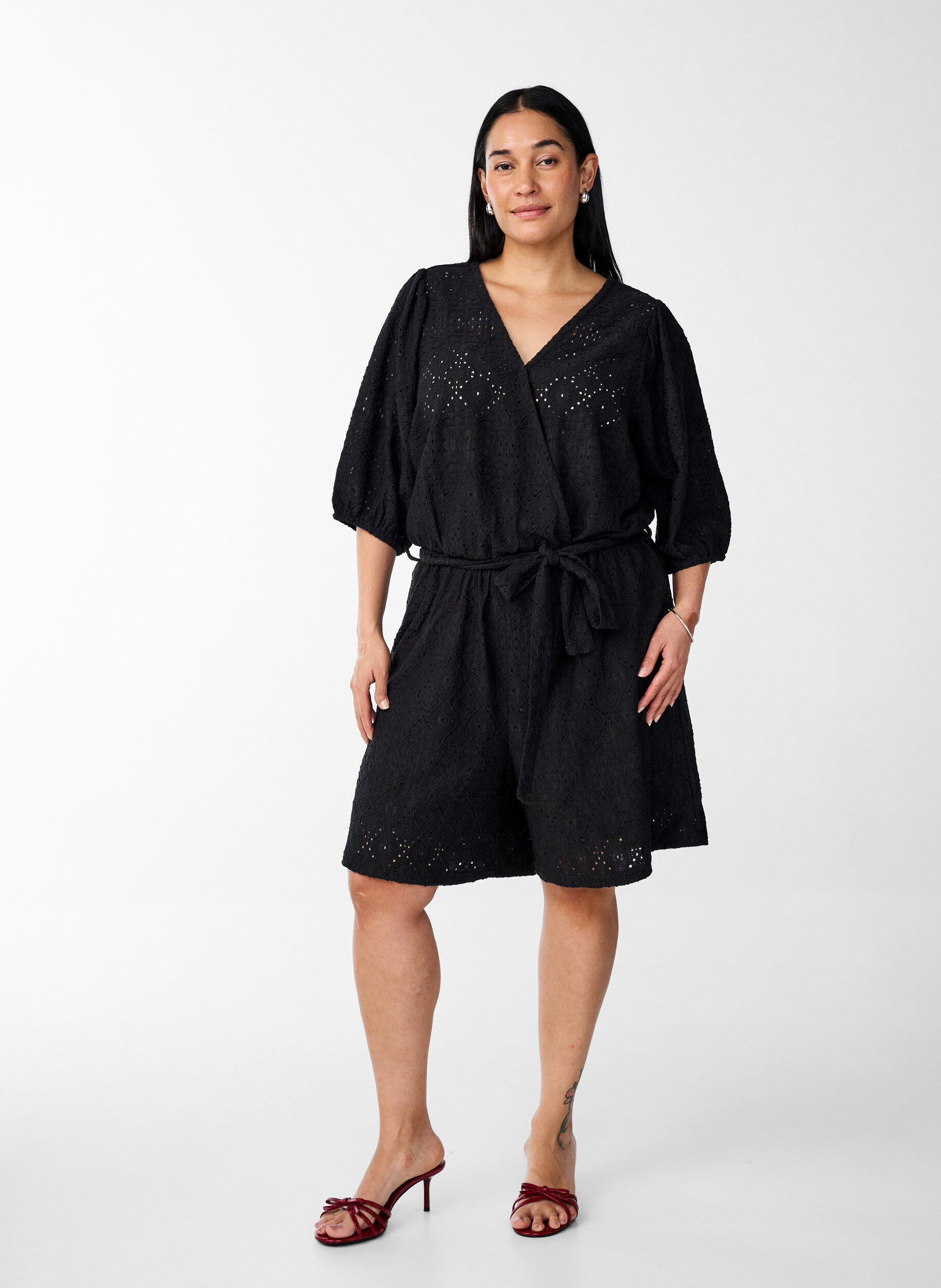 Zizzifashion Playsuit with short sleeves and tie, Black, Model image number 2
